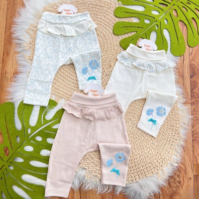 Kit 3 Calças - Flores com Paetê - Branco, Off White e Areia